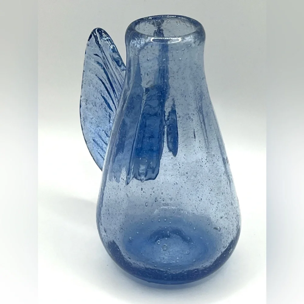 Handblown Small Blue Art Glass Bud Angel Wings Flower Vase 4.5 in Height